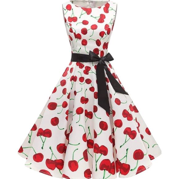 Bridesmay Dresses & Skirts - Women's Retro Rockabilly Swing Cocktail Dress Cherry Size S Satin Sleeveless
